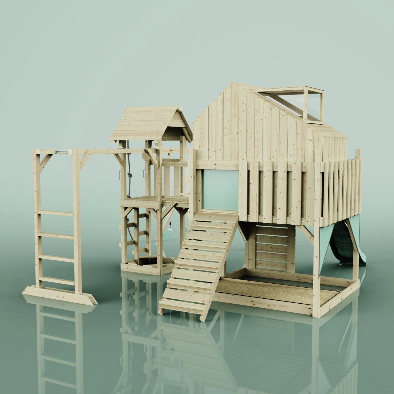 OutdoorToys Spielturm Knut mit Schaukel in Mintgrün: Spielhaus, Rutsche, Kletterwand und Brücke aus Holz.