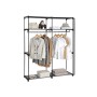 Schwarzer Songmics Stoffschrank (140x43x174 cm) mit Kleidung und Ablagefächern.