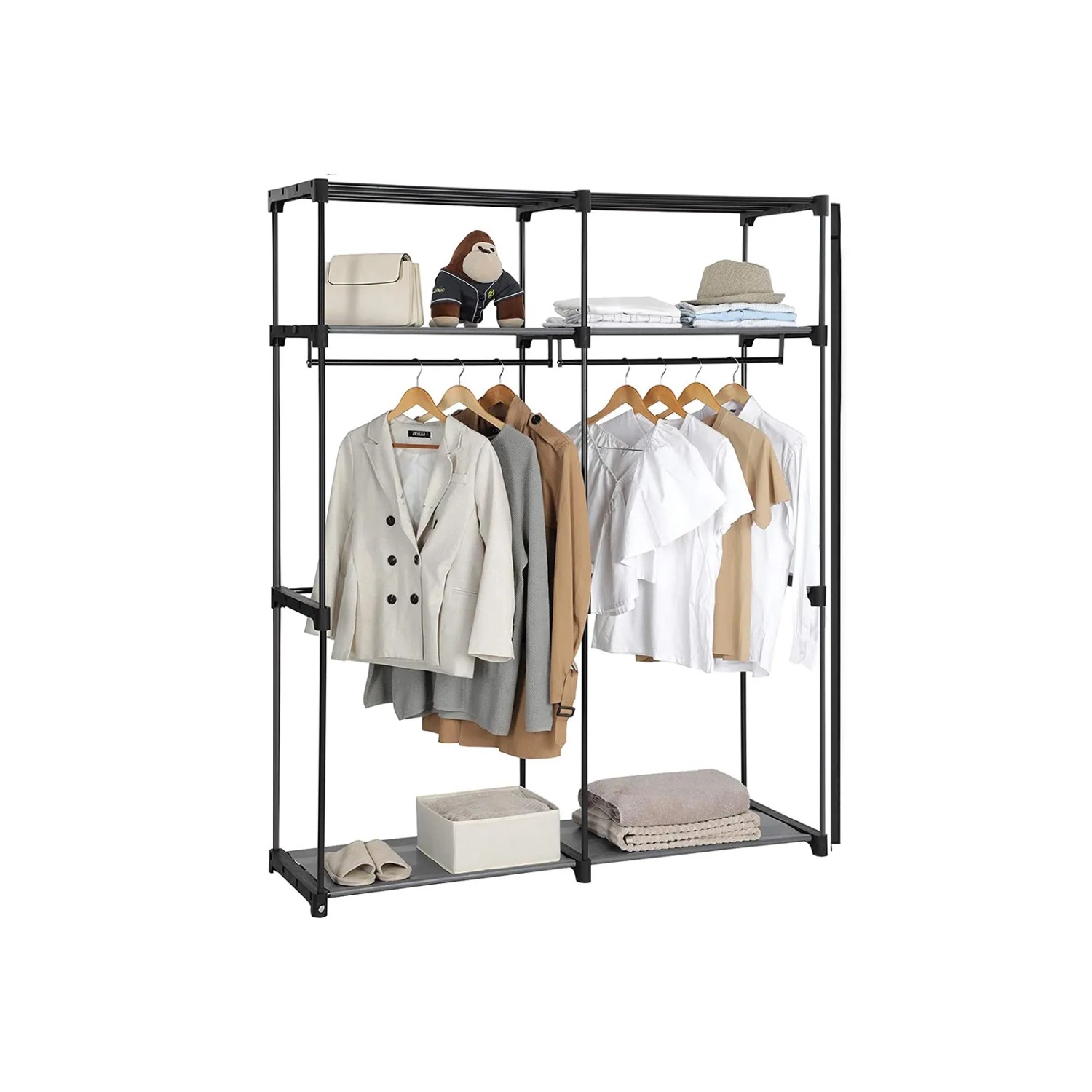 Schwarzer Songmics Stoffschrank (140x43x174 cm) mit Kleidung und Ablagefächern.