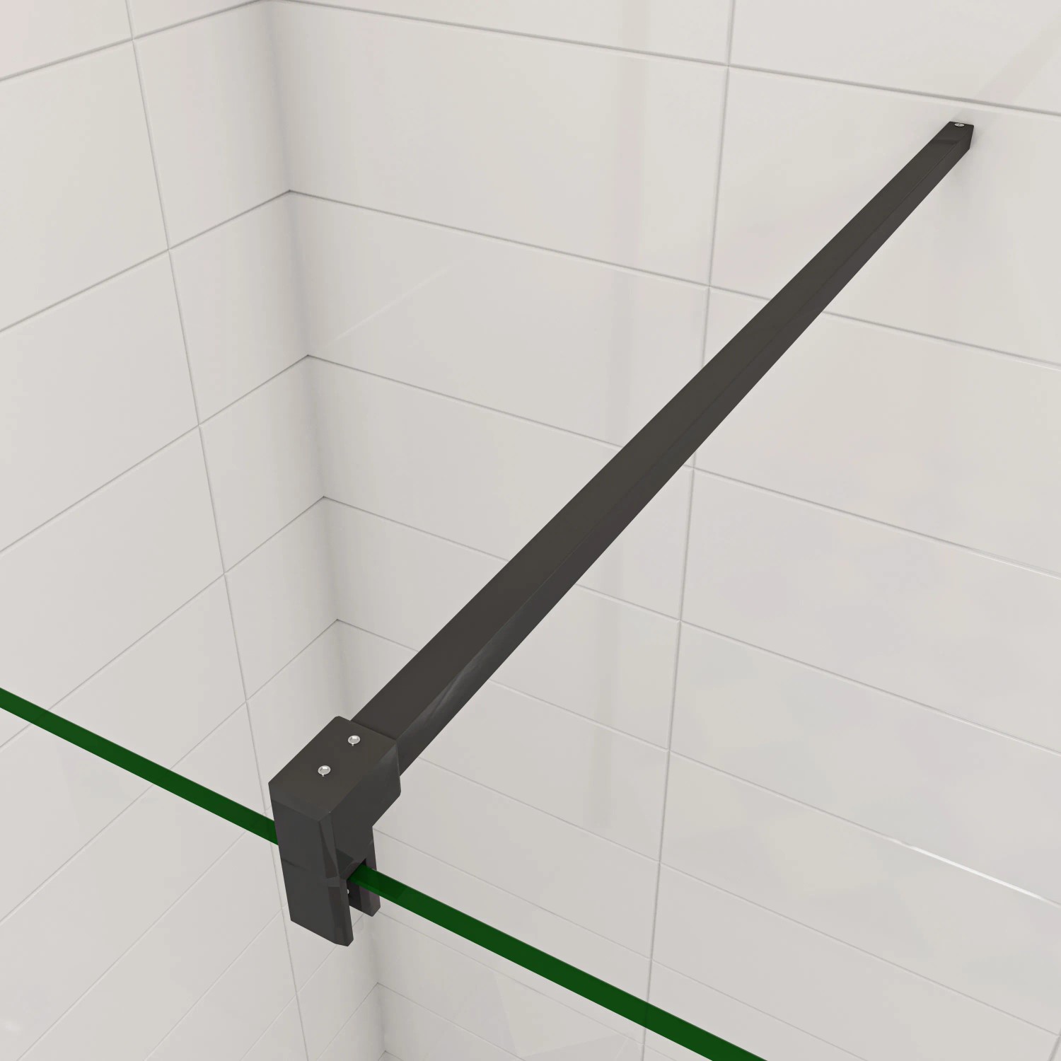 Detailaufnahme: AICA Walk In Duschkabine mit schwarzem Rahmen und Stabilisator.