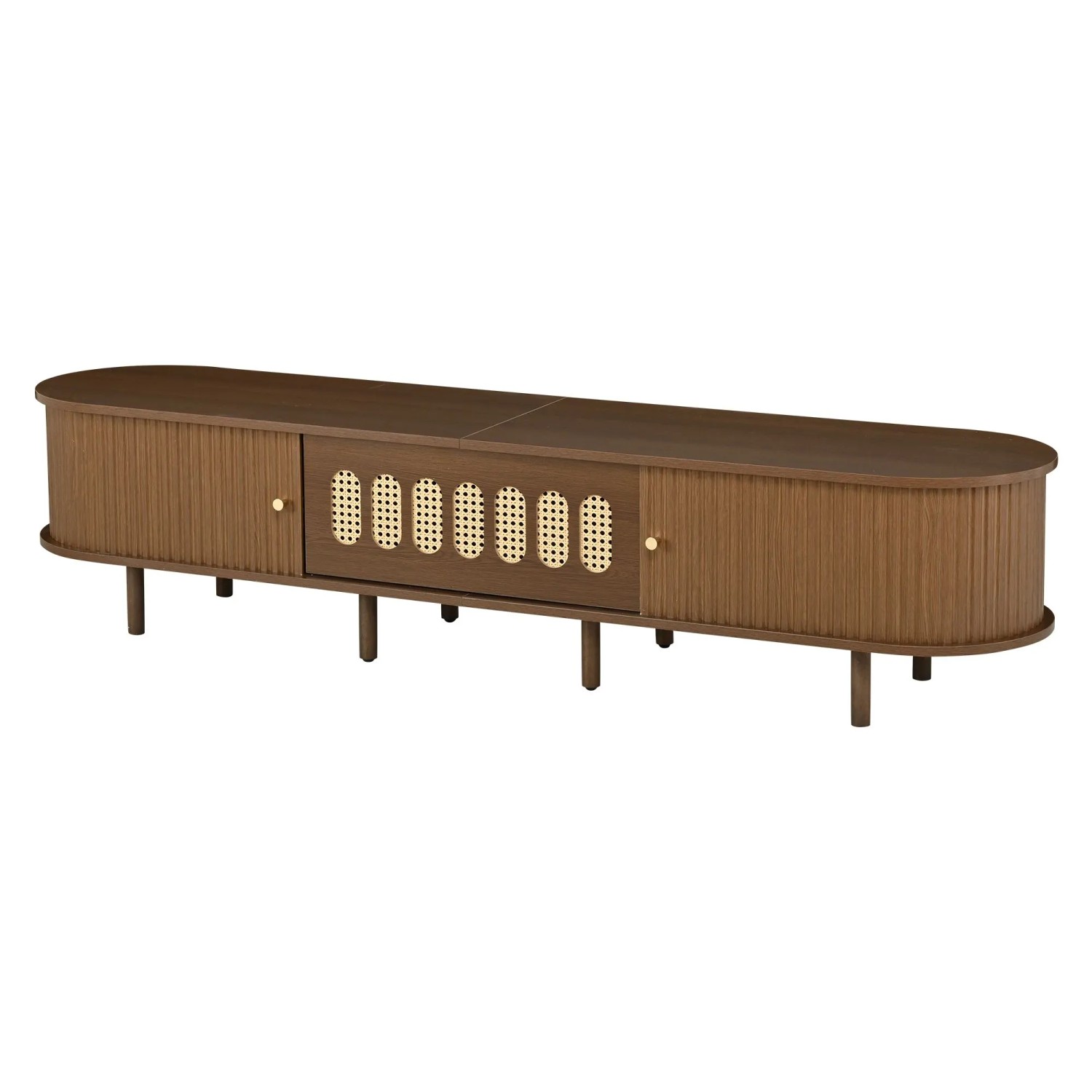 ModernLuxe TV Lowboard mit 3 Türen Rattan Design MDF Dunkles Nussbaum Braun