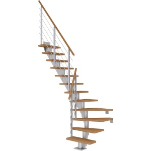 Dolle Mittelholmtreppe Frankfurt, Eiche/Perlgrau, mit Geländer. Viertelgewendelte Innentreppe, Bausatz.