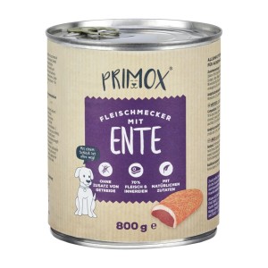 Primox Fleischmecker Ente 800g Hunde-Nassfutter Dose. Getreidefrei, 70% Fleisch, natürliche Zutaten.