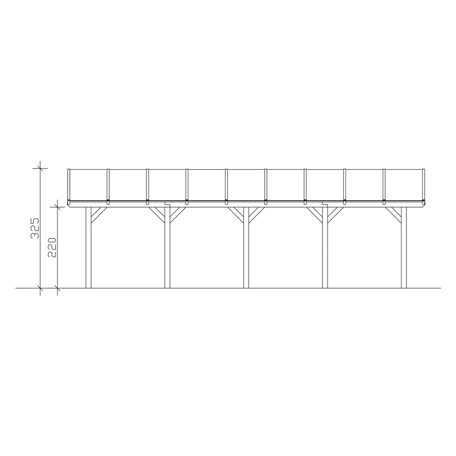 Technische Zeichnung: Skan Holz Bogendach-Carport Franken, Maße und Pfostenanordnung.