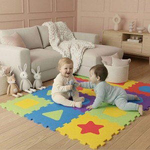 Zwei Babys spielen fröhlich auf einer bunten LittleTom Baby Puzzlematte mit 10 Schaumstoffplatten und geometrischen Symbolen.