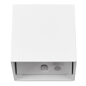 Weiße, eckige Reality LED-Akkuwandleuchte Genie für den Außenbereich, Detailansicht.