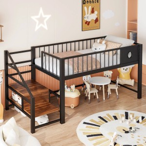 Schwarzes Metall-Hochbett 90x200cm mit Stauraumleiter. Stabiles Jugendbett für Kinderzimmer, platzsparend.