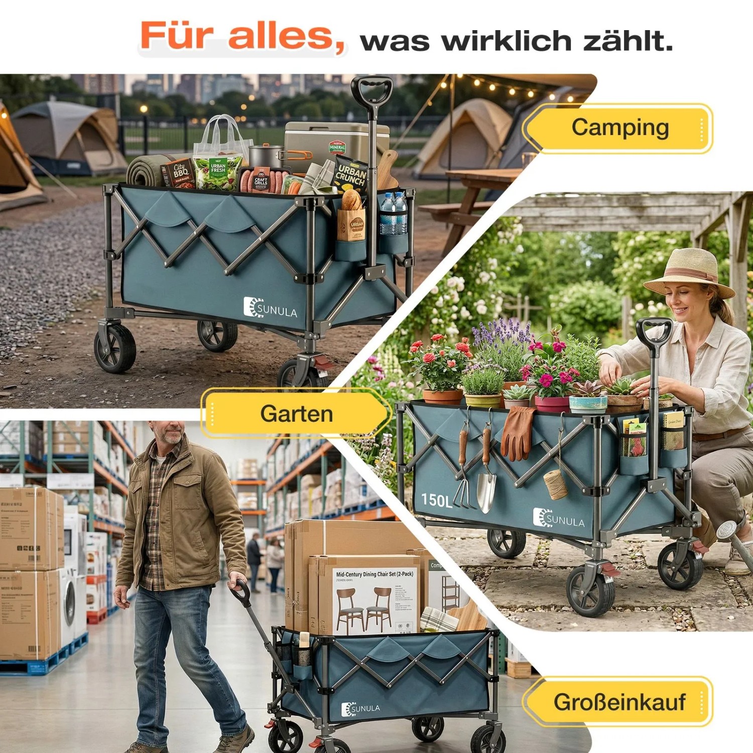 Sunula Bollerwagen, faltbar, grün, für Camping, Garten und Einkauf. Tragkraft 120kg.