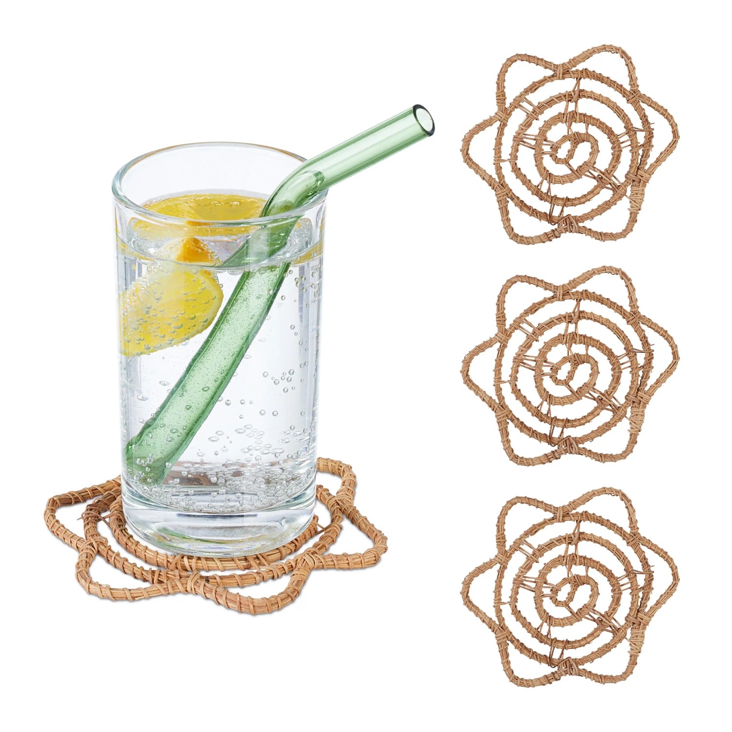Relaxdays Getränkeuntersetzer 4er Set Palmenblatt Natur Hitzebeständig 10 cm x 10 cm x 0,5 cm