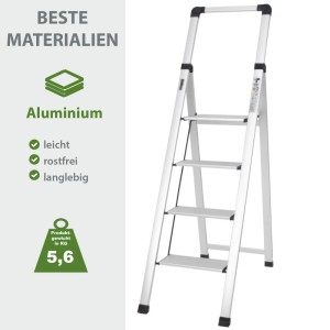 TRUTZHOLM Alu Trittleiter 4 Stufig Klappbar mit Handlauf 150kg Silber