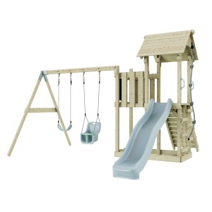 PolarPlay Babyschaukel Uppsala Eisblau mit Spielturm und Rutsche.