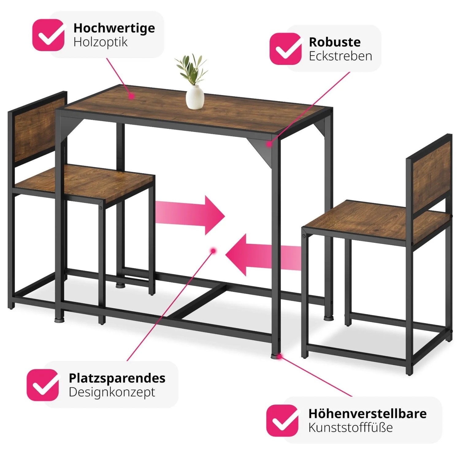 Tectake Sitzgruppe Milton, 3-teilig, Esstisch mit 2 Stühlen im Industrial Design, Holz dunkel rustikal.