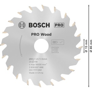 Bosch Kreissägeblatt Standard for Wood, 85mm Durchmesser, 20 Hartmetallzähne für Akkusägen. Für Holz.