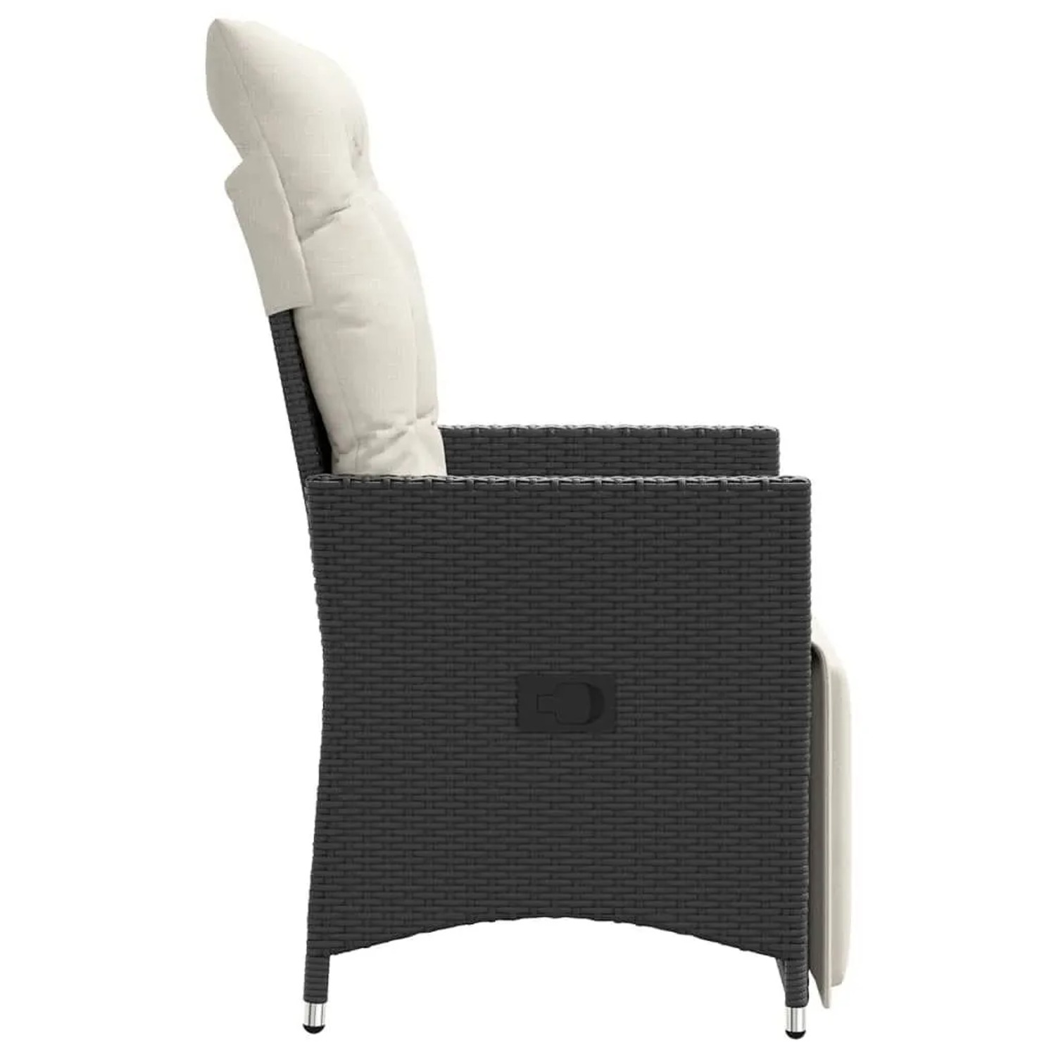 Verstellbarer vidaXL Gartensessel, 2er Set, schwarz, mit cremeweißen Kissen aus Polyrattan.