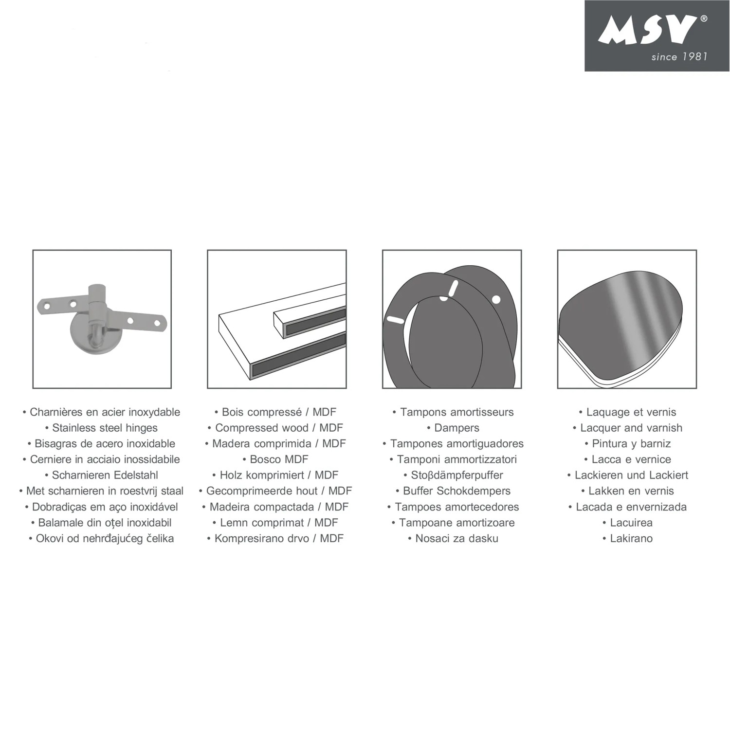 Details des MSV WC-Sitz Cleo Beige: Scharniere, MDF-Platte, Dämpfer und Lackierung.