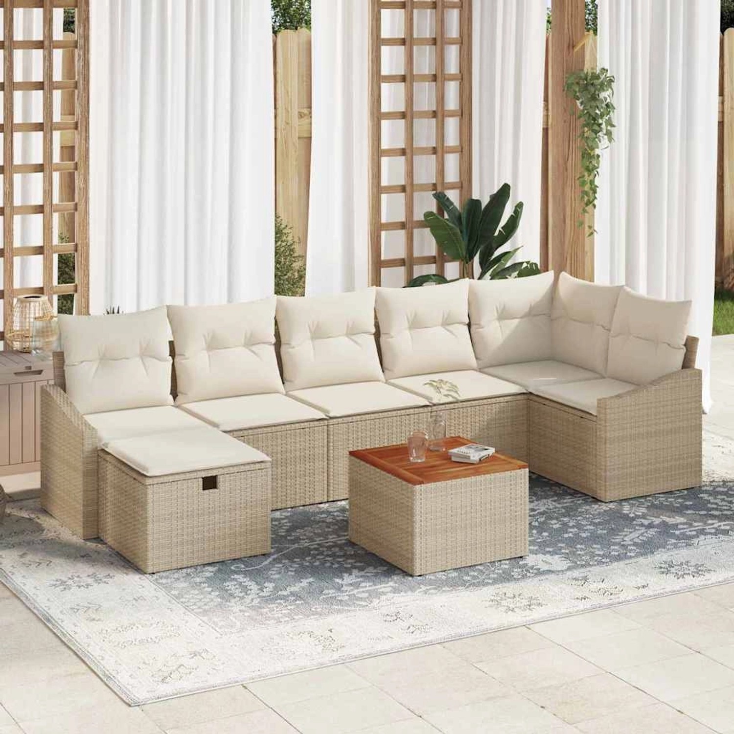 Beiges 8-teiliges vidaXL Garten-Sofa-Set aus Poly Rattan mit Stauraum und Tisch.