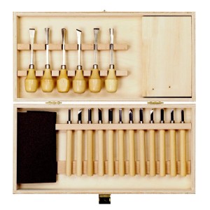 Pebaro Schnitzmesser-Set, 20-teilig in Holzbox, mit Schnitzmessern, Beitel und Schleifpapier.