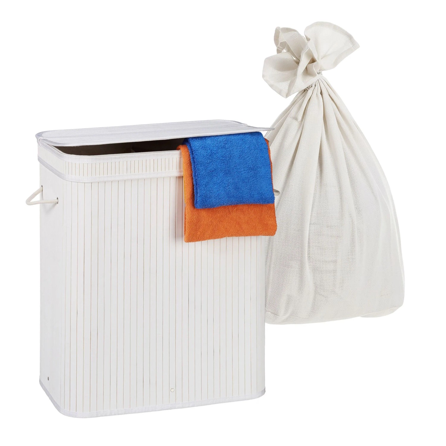 Relaxdays Wäschekorb Bambus Weiß mit 3 Fächern mit Deckel Faltbar 63 cm x 52 cm x 32 cm 2,7 kg