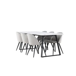 Ebuy24 Malaga Essgruppe mit weißem Tisch und 6 grauen Skagen Velours Stühlen.