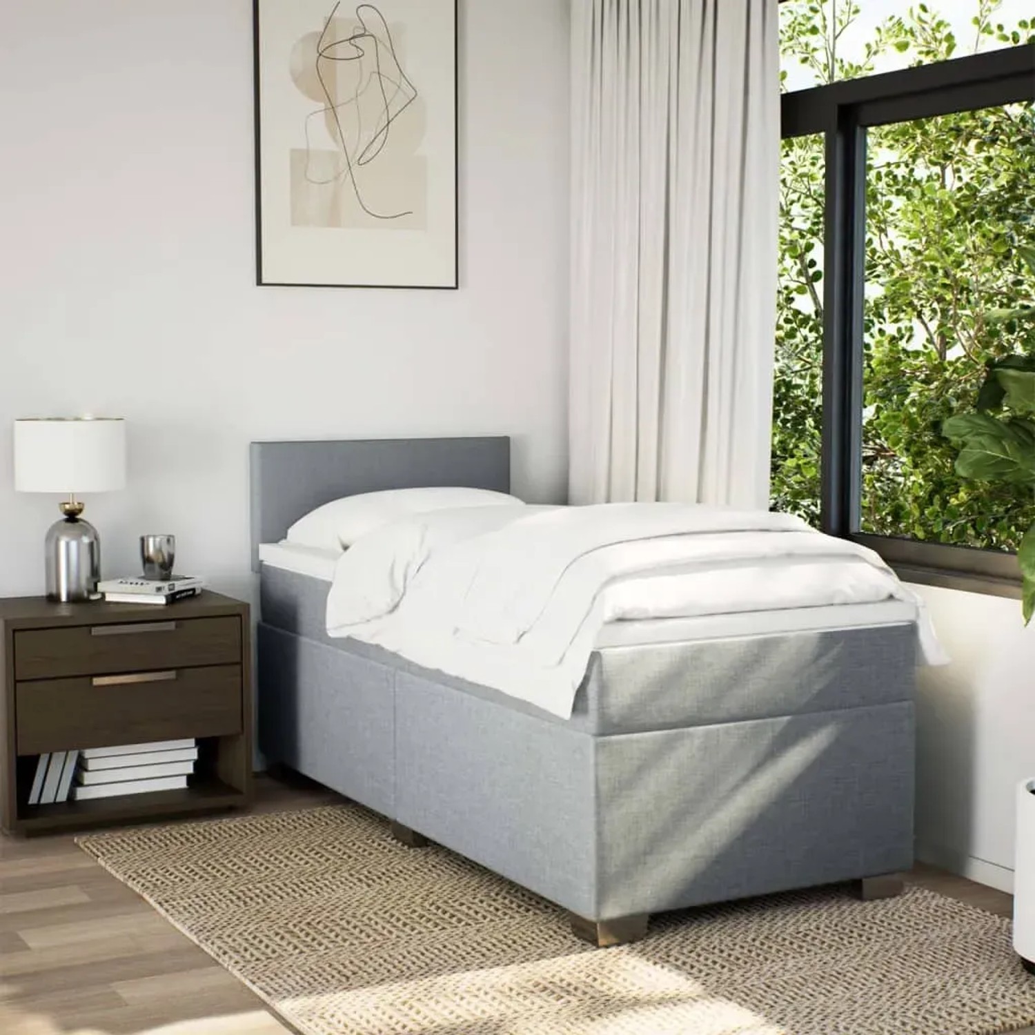 Helles Boxspringbett 90x190 cm mit Matratze und LED-Leiste im Schlafzimmer.