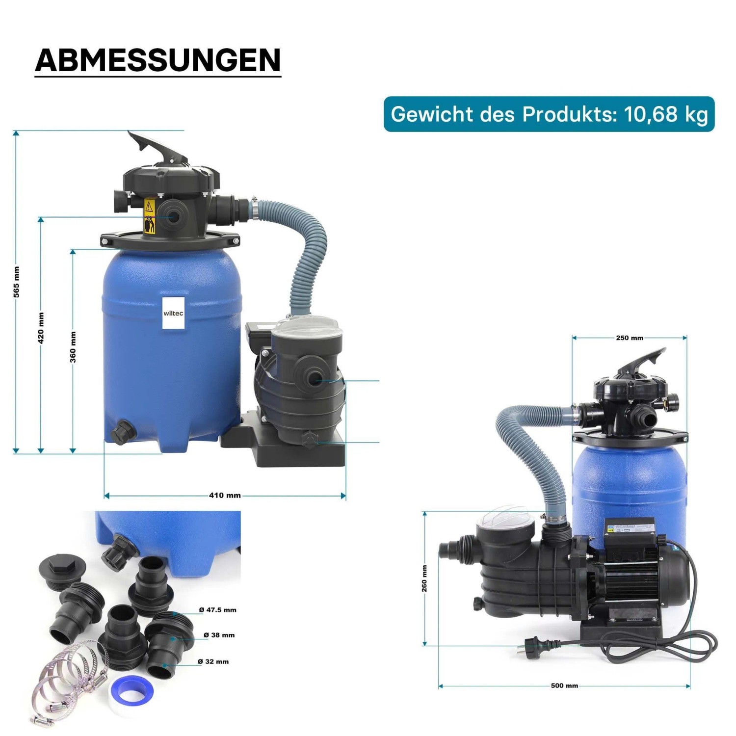 Wiltec Sandfilteranlage 250W mit Pumpe, blauem Filtertank und Zubehör. Poolfilter mit Maßen.
