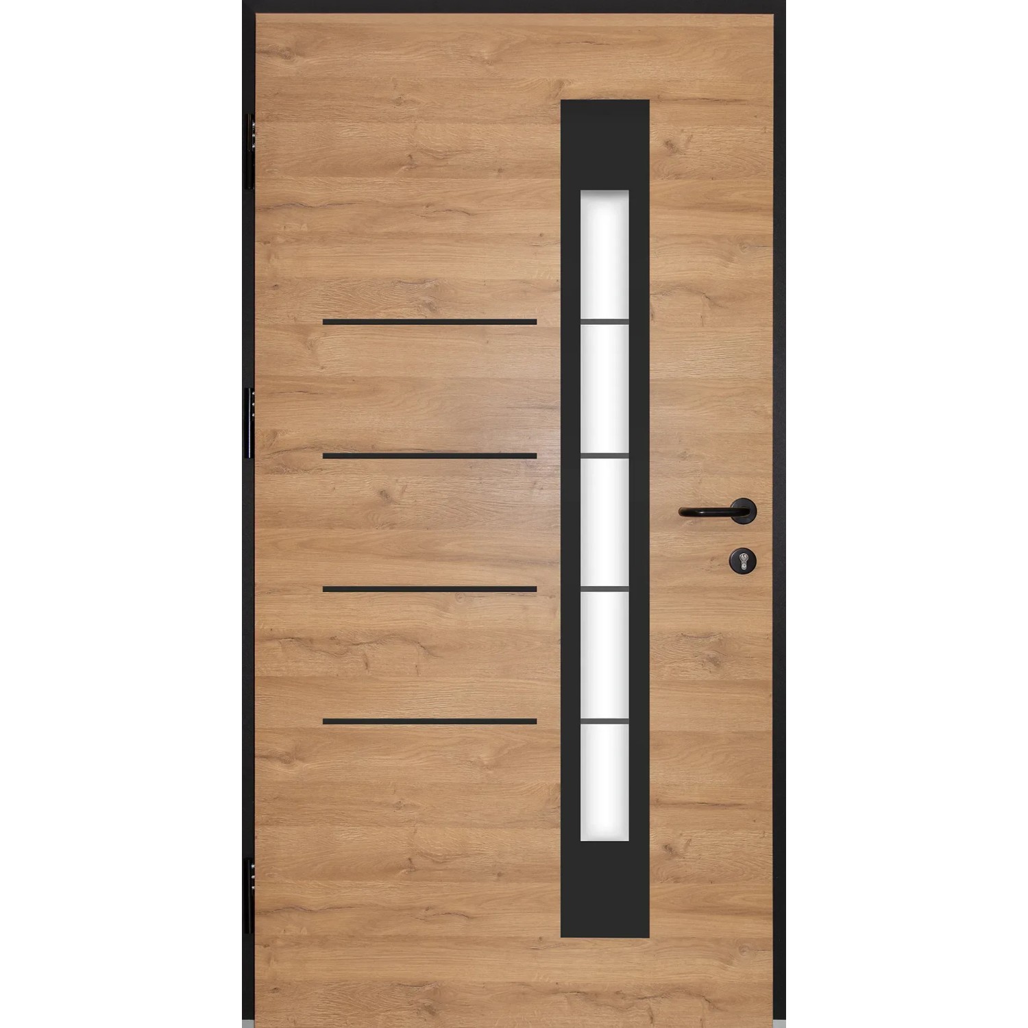 Splendoor Haustür Berlin Prime Woodeffect, 110x210 cm, Eiche Dekor mit Glaseinsatz und Edelstahl Applikationen.