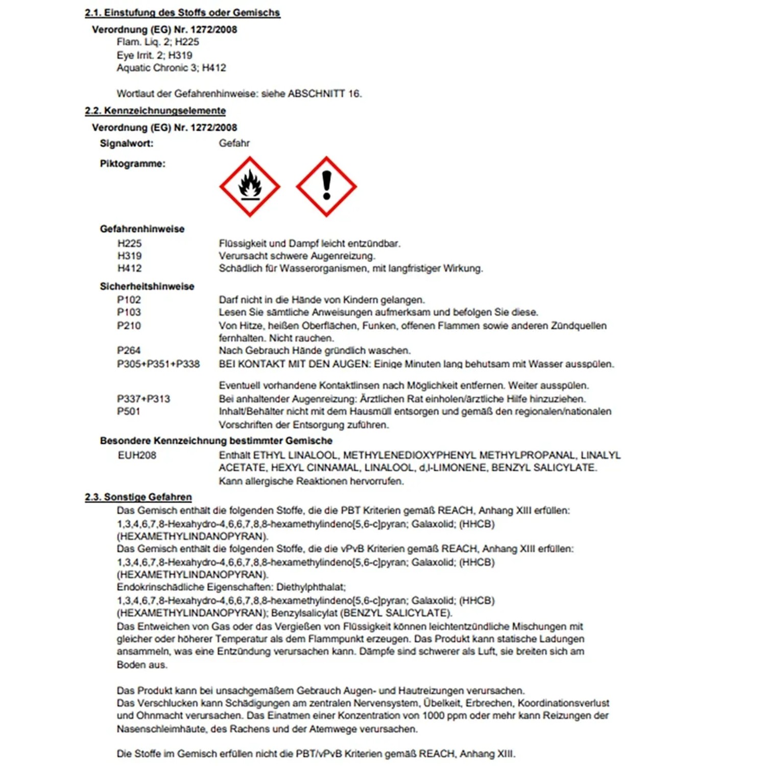 Sicherheitsdatenblatt mit Gefahrenhinweisen und Sicherheitshinweisen.