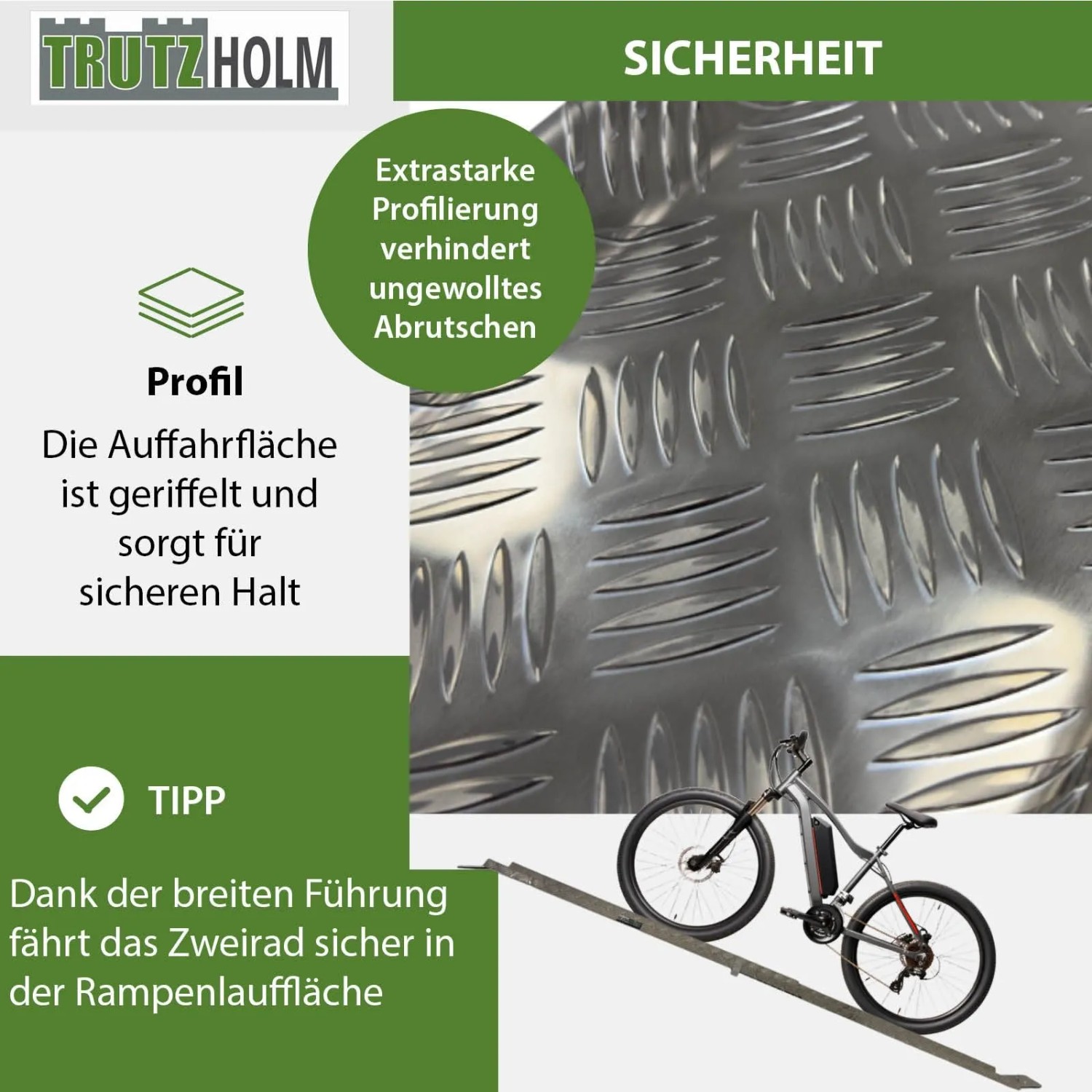 TRUTZHOLM Auffahrschiene: Detailaufnahme der geriffelten Oberfläche für sicheren Halt beim Verladen von E-Bikes.