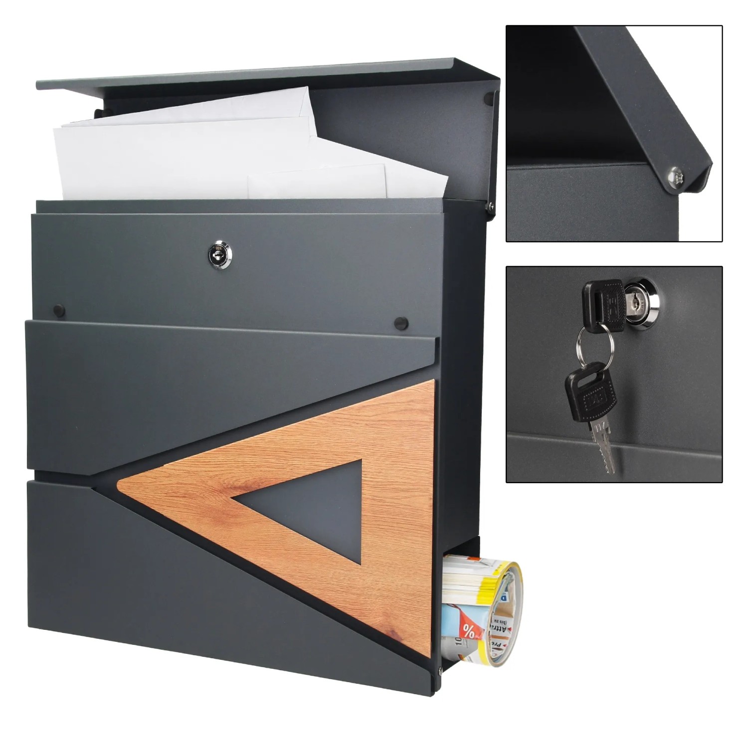 ML-Design Standbriefkasten in Anthrazit/Holzoptik mit Zeitungsfach.