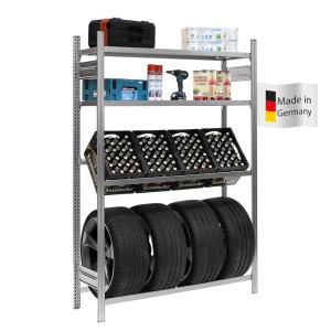 Verzinktes Getränkekisten- & Reifenregal mit 4 Reifen, 4 Kisten und 2 Ablageböden. Made in Germany.