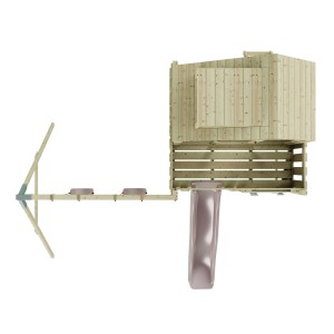 Aufnahme von oben: Kinderspielturm mit Schaukel, Rutsche und Spielhaus aus Holz.