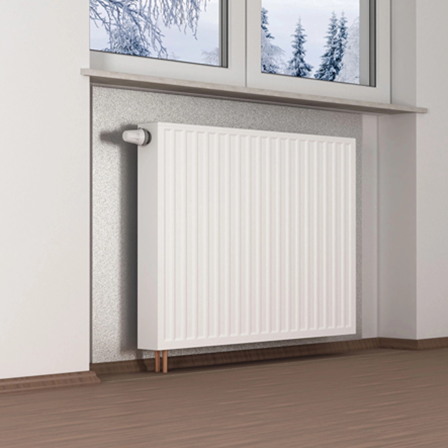 Raum mit Heizkörper und angebrachter Dämmtapete EPS alubeschichtet zur Wohnraumdämmung.