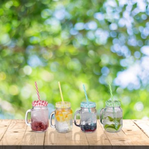 Relaxdays Trinkgläser 4er Set Glas Transparent mit Schraubdeckel und Strohhalm 13,5 cm x 11 cm x 8 cm
