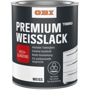 OBI Premium Weißlack Tribrid hochglänzend, weiß, 750 ml Dose. Hoher Glanz, beste Deckkraft für Profi-Oberflächen.