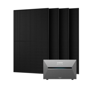 Anker Solix Balkonkraftwerk mit vier schwarzen 2000 Wp Solarmodulen und grauer Solarbank 3 E2700 Pro mit 2688 Wh Speicher.