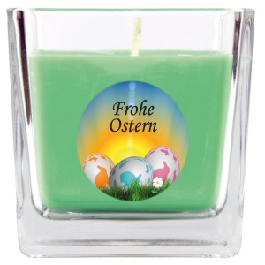 HS Candle Duftkerze im Glas, viereckig, mit Ostermotiv und Coconut Limes Duft.