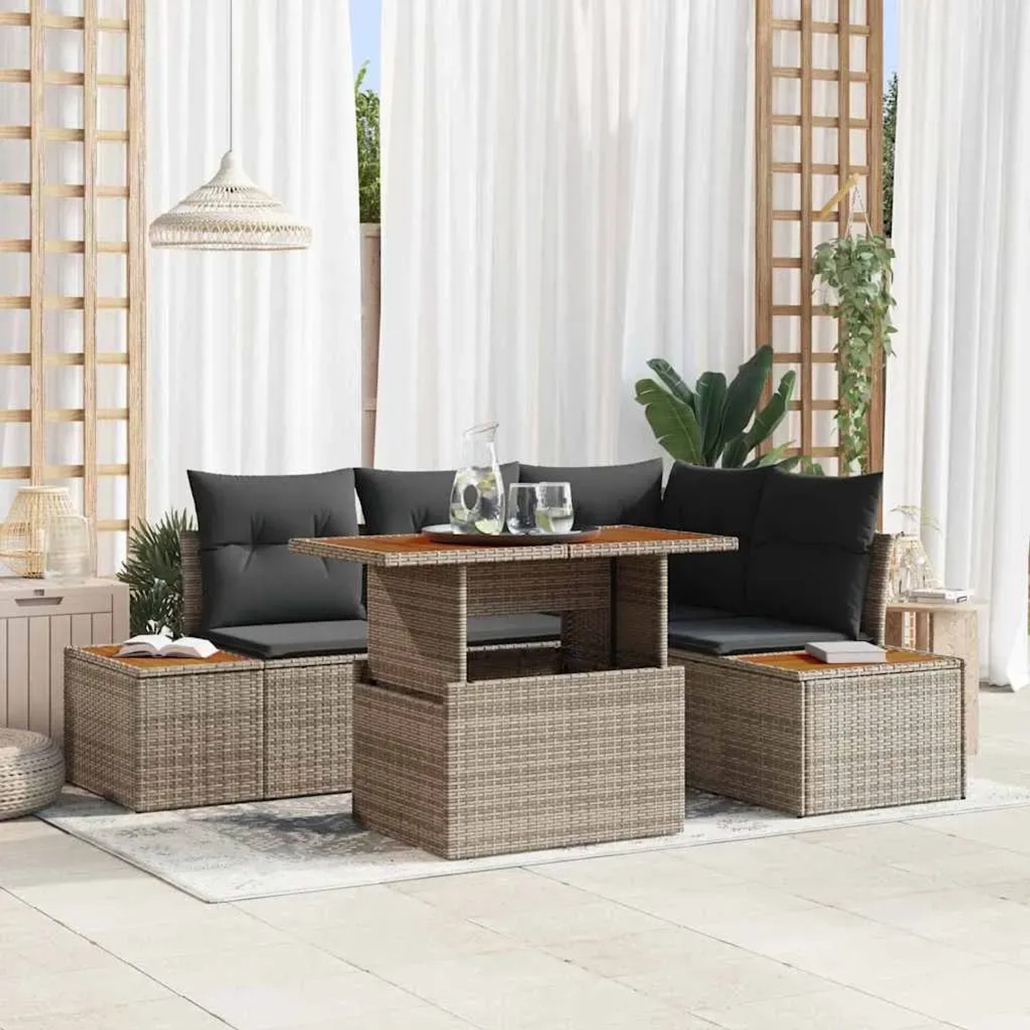 Graues 5-tlg. vidaXL Garten-Sofa-Set aus Rattan mit Stauraum und Tisch.