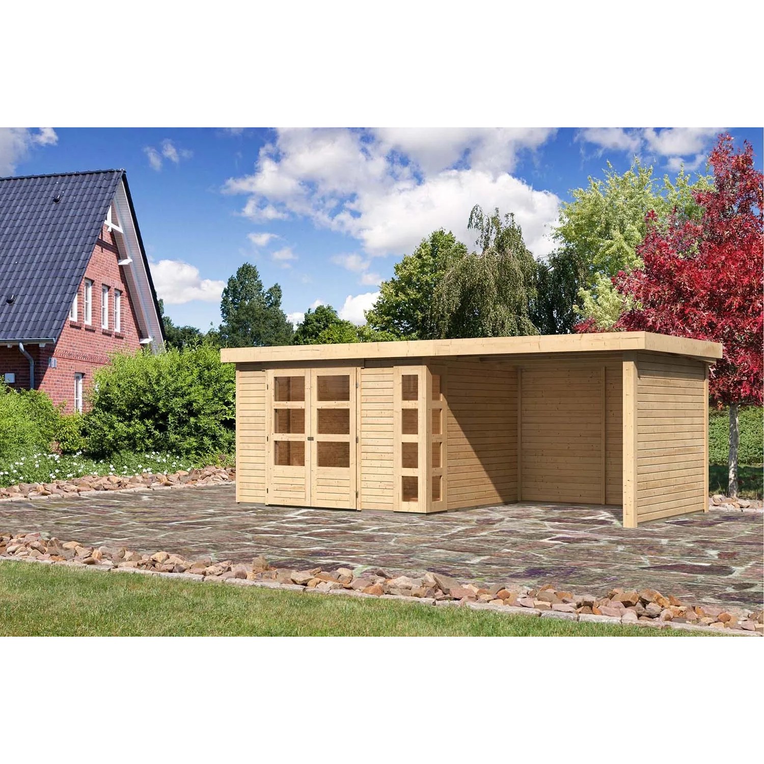 Karibu Holz-Gartenhaus/Gerätehaus Sölve Natur Flachdach Unbehandelt 298 cm x 242 cm