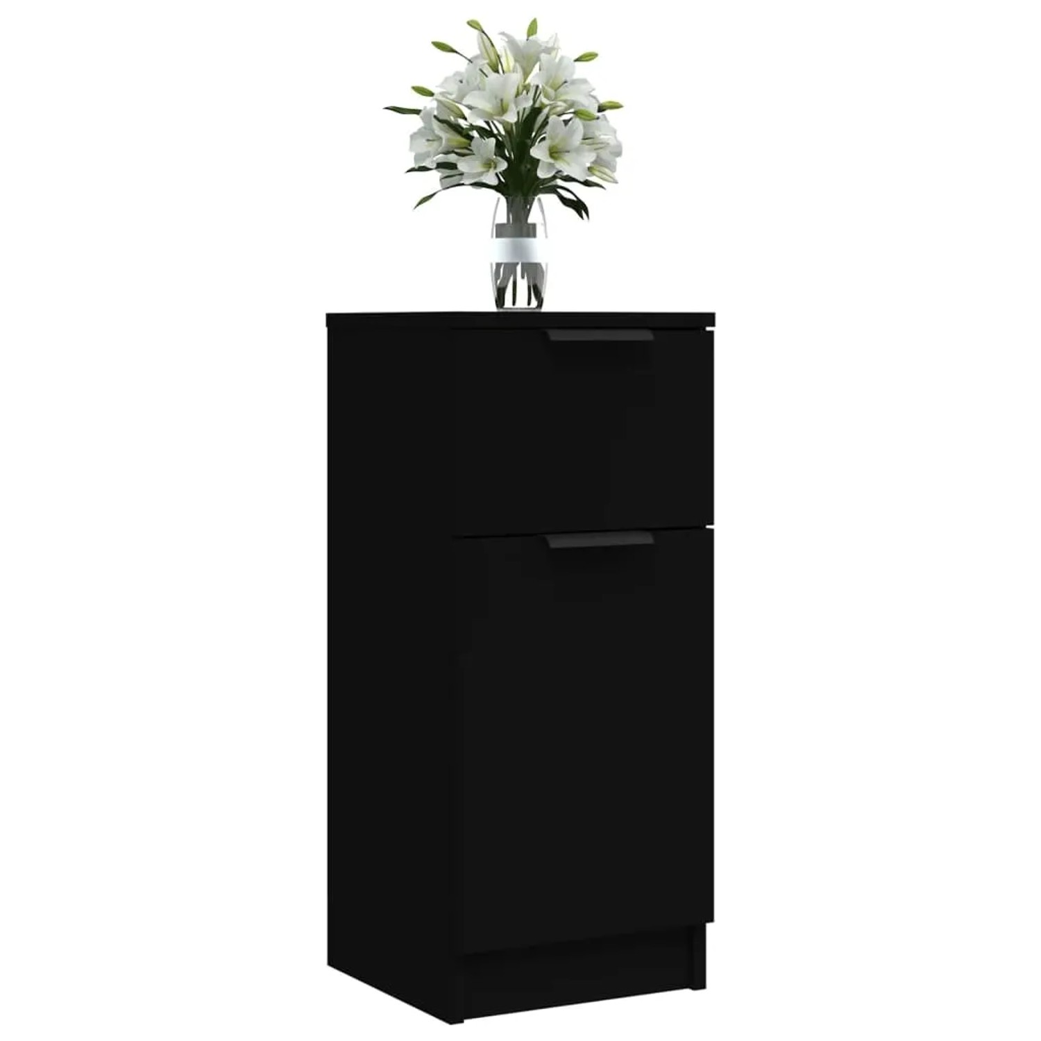 Schwarzes vidaXL Sideboard (30x30x70 cm) aus Holzwerkstoff mit Schublade und Tür.