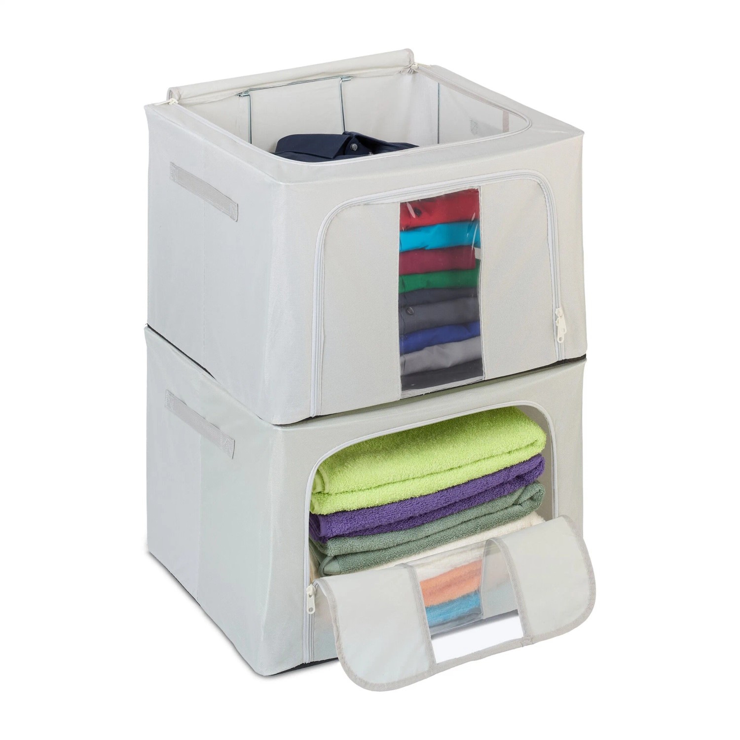 Relaxdays Aufbewahrungstasche Polyester Grau Stapelbar Sichtfenster 2er Set 33 cm x 50 cm x 40 cm