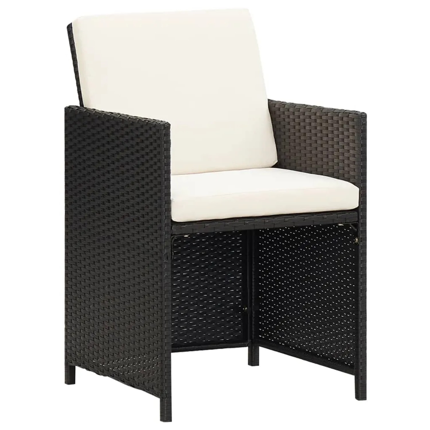 Schwarzer Poly Rattan Gartenstuhl mit cremeweißen Kissen, Teil der vidaXL Essgruppe.