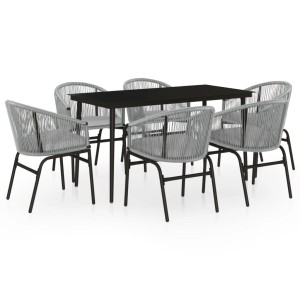 7-teilige Garten-Essgruppe Grau mit Tisch und 6 Rattanstühlen mit Kissen.