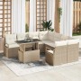 Beiges 9-teiliges Garten-Sofa-Set aus Poly Rattan mit Tisch und Kissen.