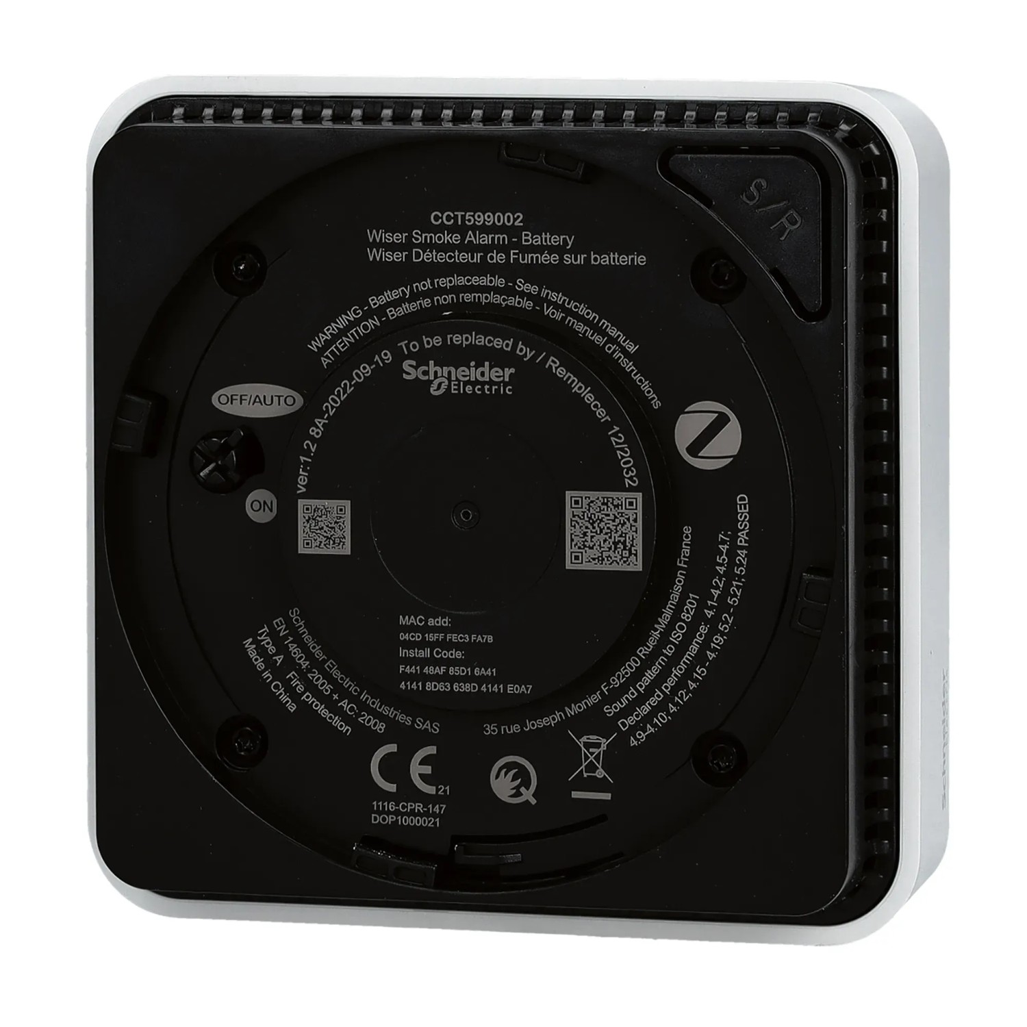 Schneider Electric Wiser Rauchmelder CCT599002, weiße Rückseite mit Beschriftungen.
