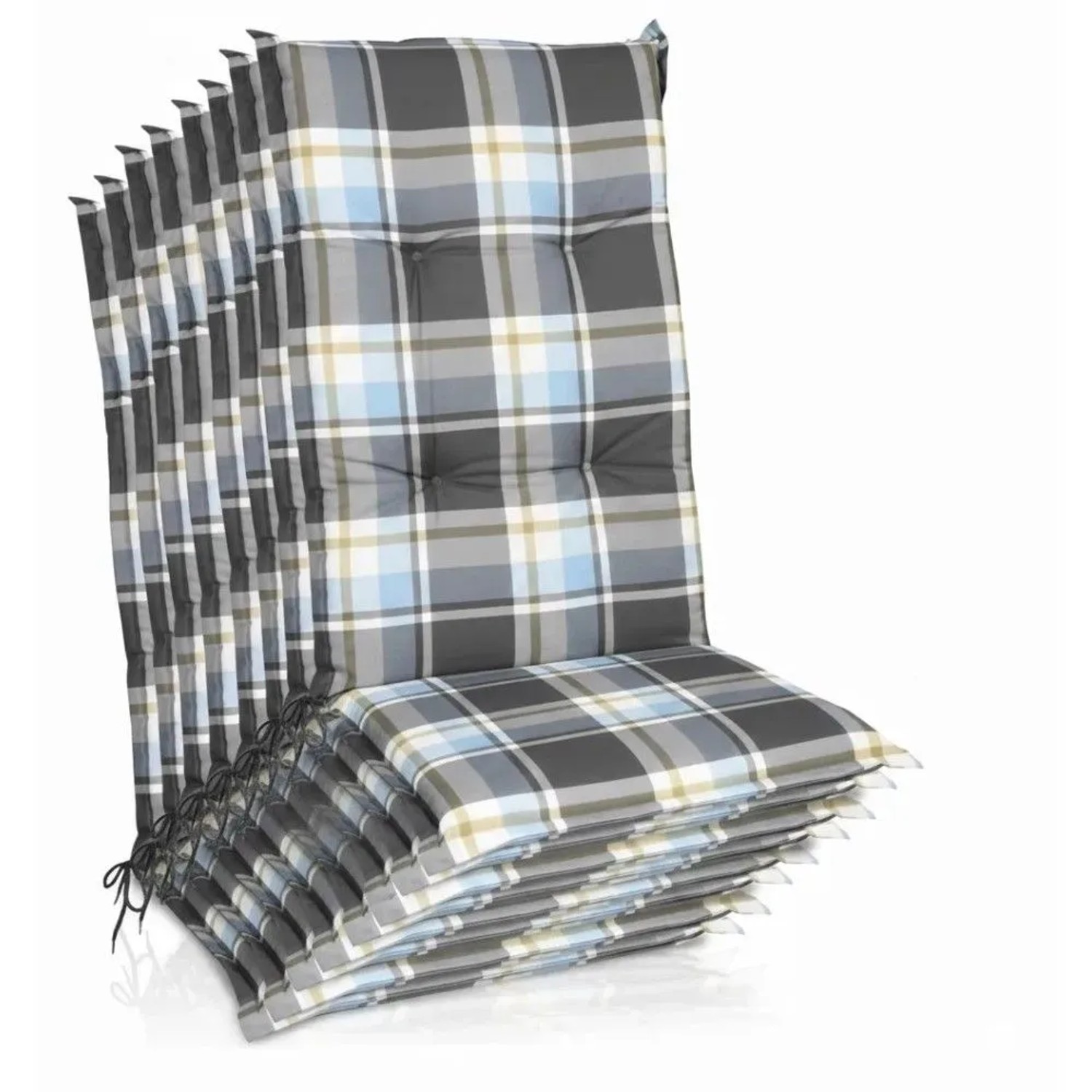 Beautissu 8er Set Hochlehner Auflagen Set 120x50 cm Polster Blau Kariert