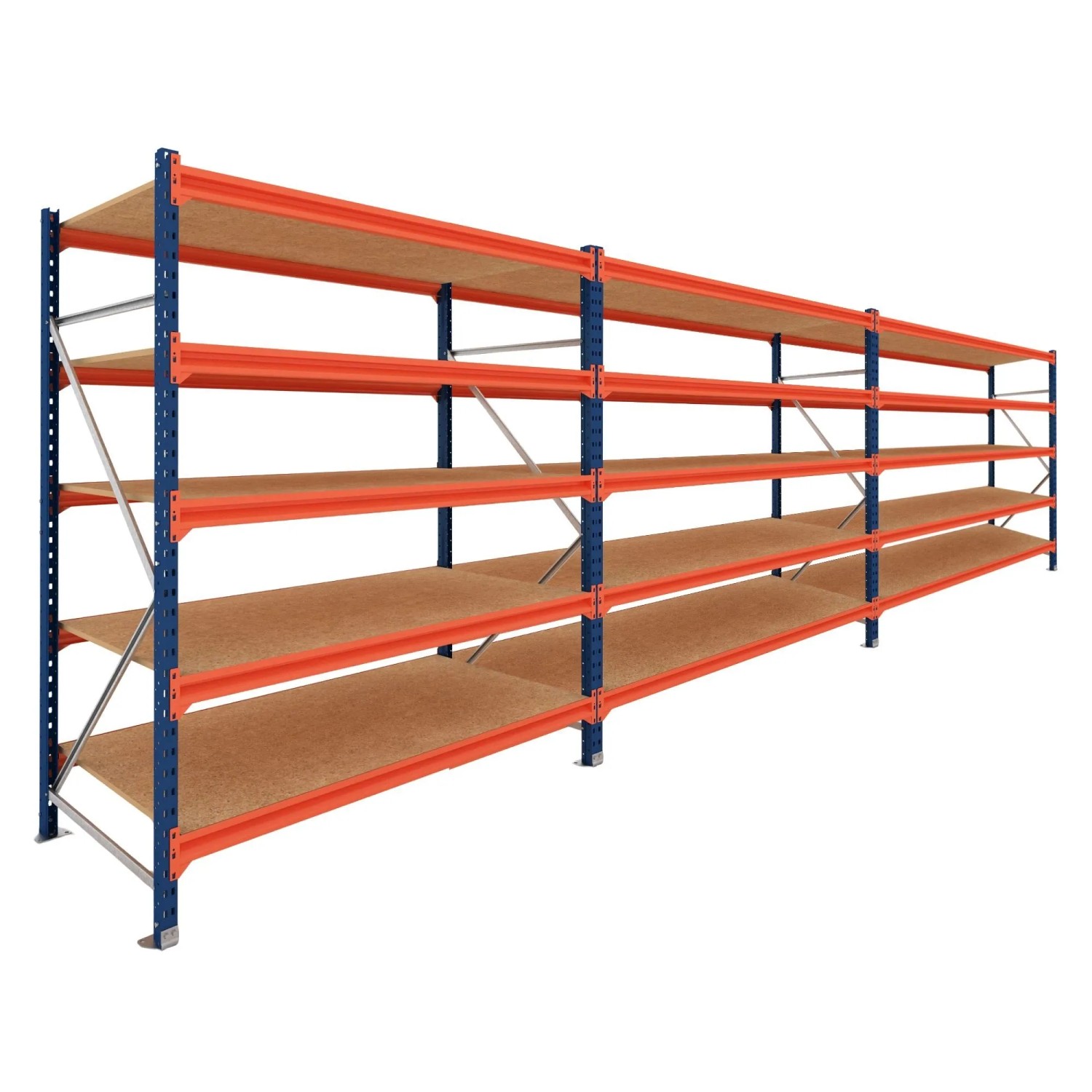 PROREGAL Weitspannregal Schwerlastregal DOMINUS Komplettregal 3 Felder 200x450x40cm 5 Ebenen Spanplatten-Fachboden Fachlast 500 kg Blau/Orange
