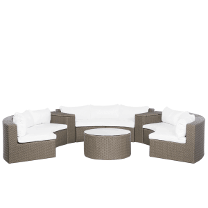 Dunkelbraunes Beliani Lounge Set SEVERO mit Tisch und cremeweissen Polstern.