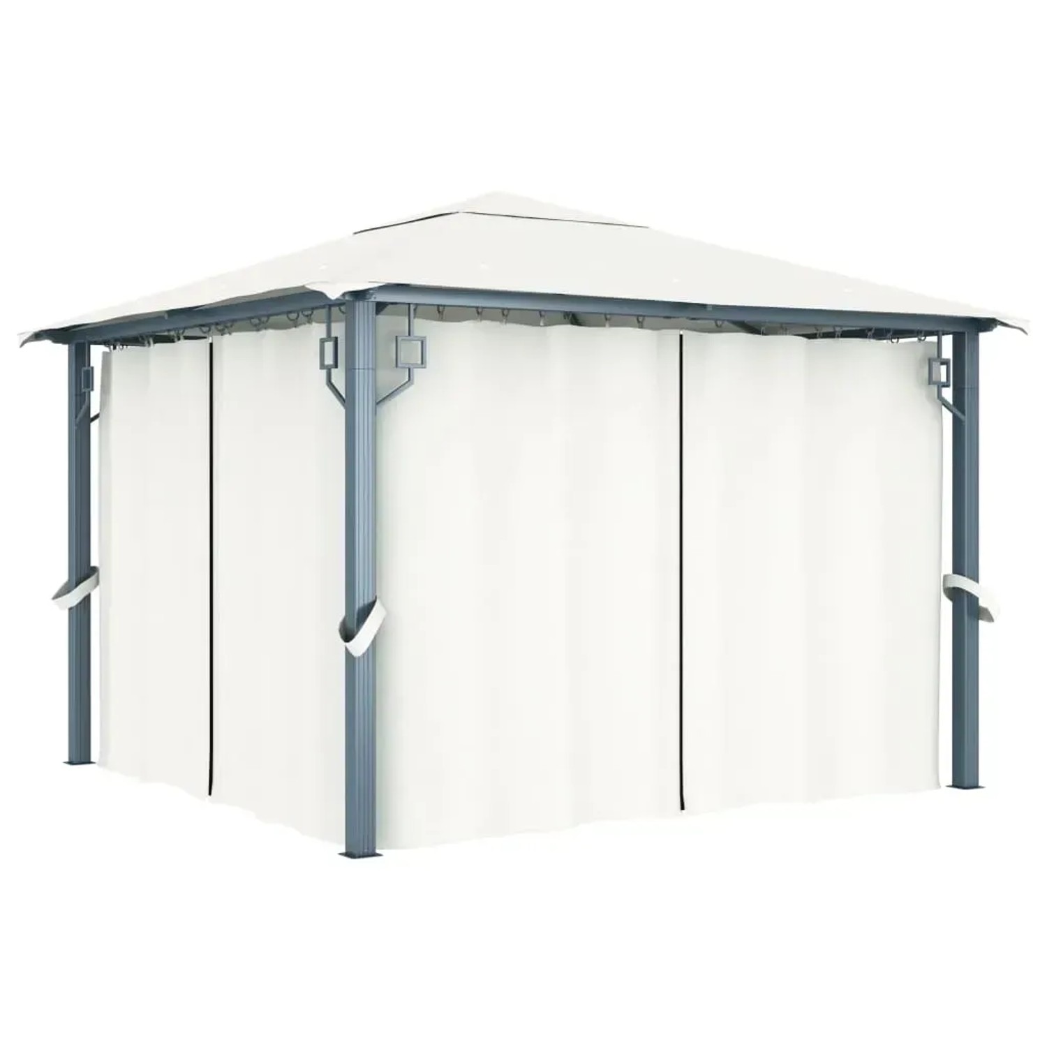 Cremefarbener vidaXL Pavillon 300x300 cm mit Vorhängen und Aluminiumrahmen.
