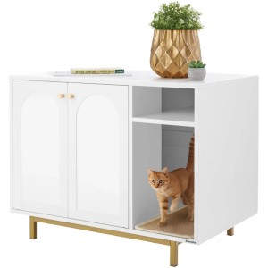 Weißer Tectake Katzenschrank Kalea mit seitlichem Eingang und goldenen Füßen. Katze betritt den Schrank.