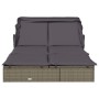 Graue 2-Personen-Sonnenliege mit Dach aus Poly Rattan, verstellbar für optimalen Komfort.